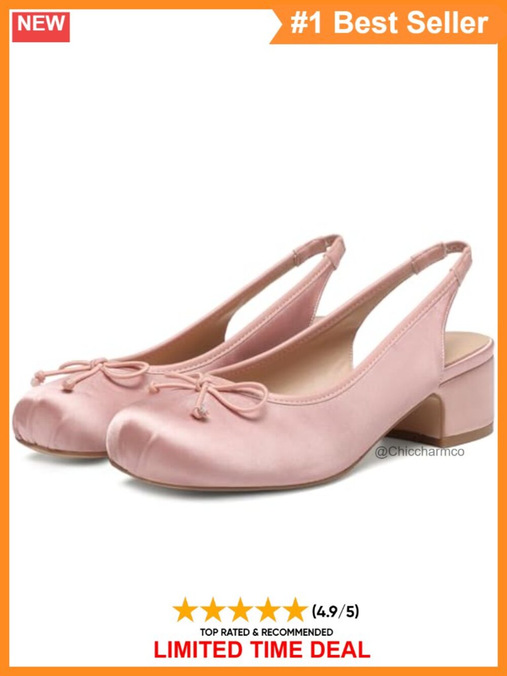 Satin Slingback Ballet Heels Bow Square Toe Chunky Pumps